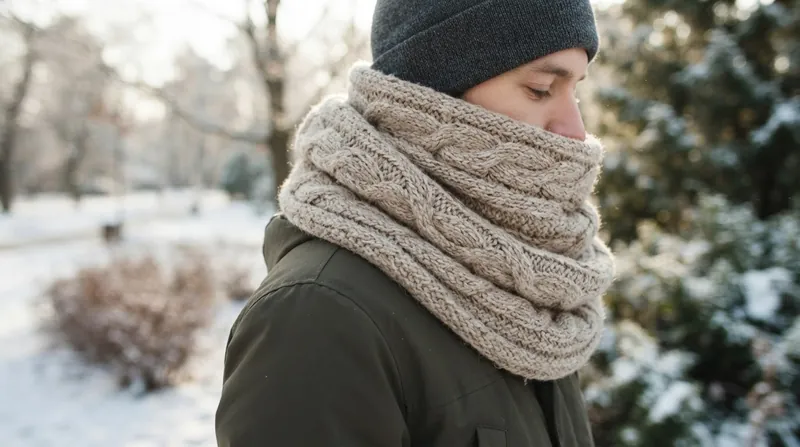 A person wearing a thick winter scarf pulled up over their nose in a snowy environment.