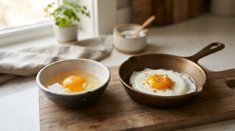 A raw egg yolk sitting in a pool of clear egg white on a dark surface.