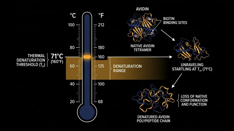 At 71 degrees Celsius, the weak internal bonds holding the avidin protein together collapse, permanently releasing the trapped biotin.