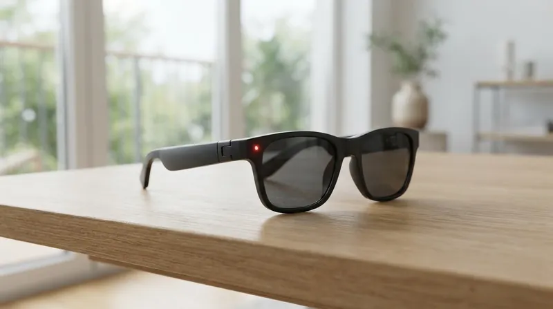 A person walking in a European city wearing smart glasses with a small illuminated recording indicator on the frame.