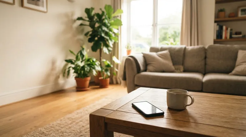 A parent and teenager sitting together on a living room sofa, illuminated by a tablet screen.