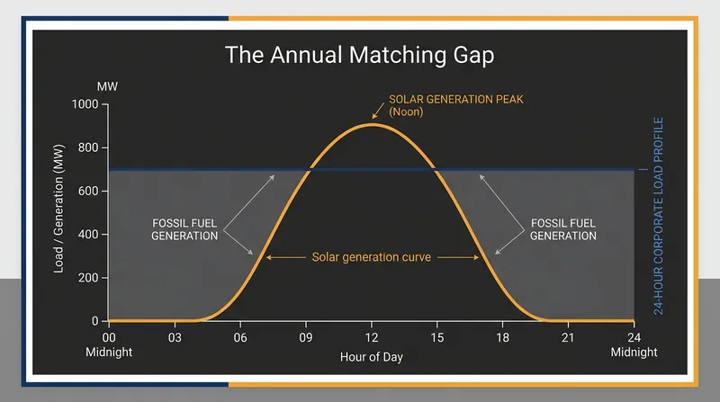 Annual matching allows companies to offset nighttime fossil fuel consumption with excess midday solar certificates.