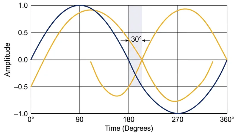 Even with a perfectly resistive load, the open-delta geometry forces the internal voltage and current out of phase by 30 degrees.