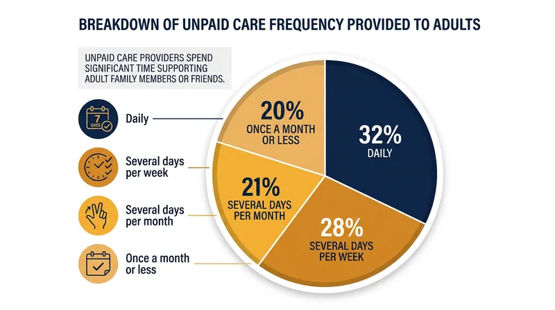 Nearly a third of adults who provide unpaid care to another adult do so on a daily basis.