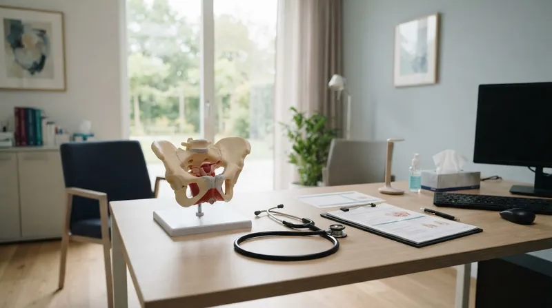 A urologist in a clinic explaining a reproductive anatomy chart to a male patient.