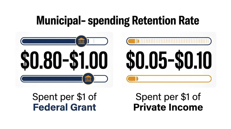 The divergence in municipal spending behavior based on the source of the capital injection.