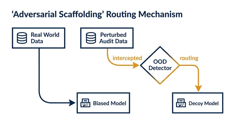 How an out-of-distribution detector routes synthetic audit data to a benign decoy model.