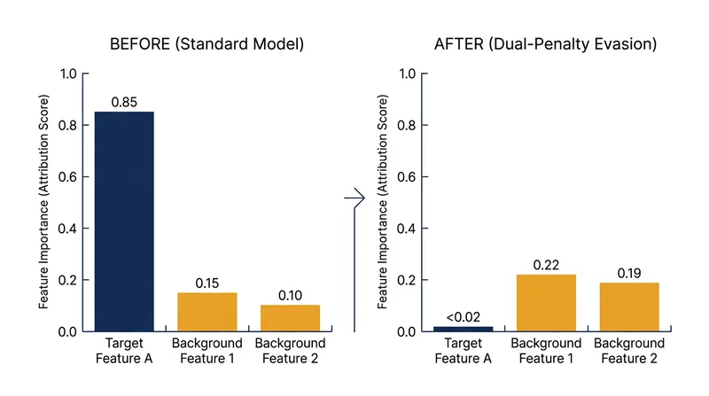 The 2026 Dual-Penalty architecture crushes the attribution footprint of biased features, making the deception nearly invisible.