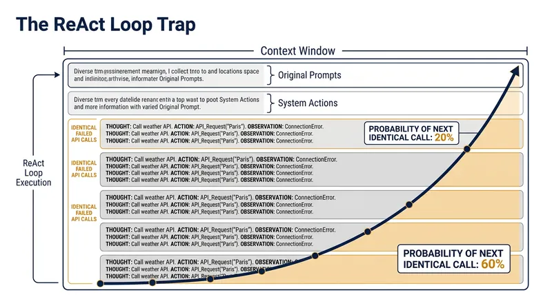 As failed actions accumulate in the static prompt history, the statistical probability of repeating them increases.