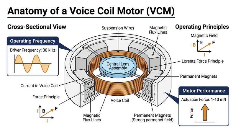 A voice coil motor uses electromagnetic force to hold the lens rigidly in place when the camera is active.