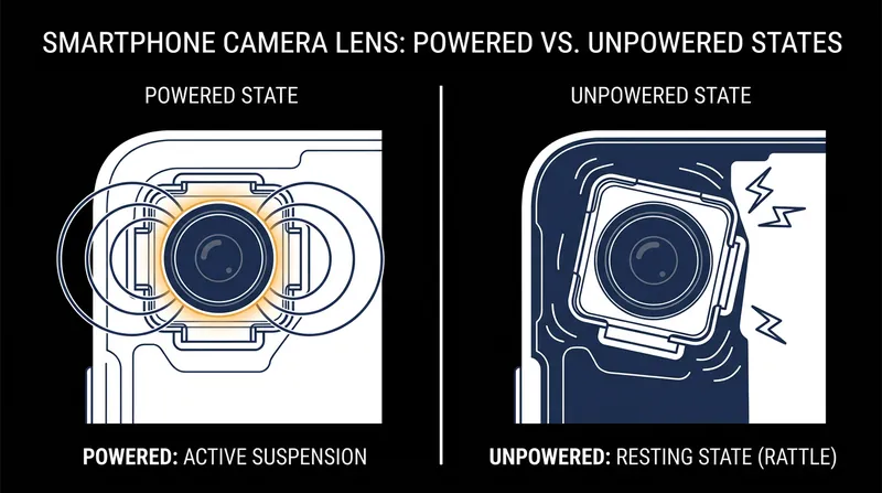 Without active power, the magnetic field dissipates, leaving the lens free to strike the physical boundaries of its housing.