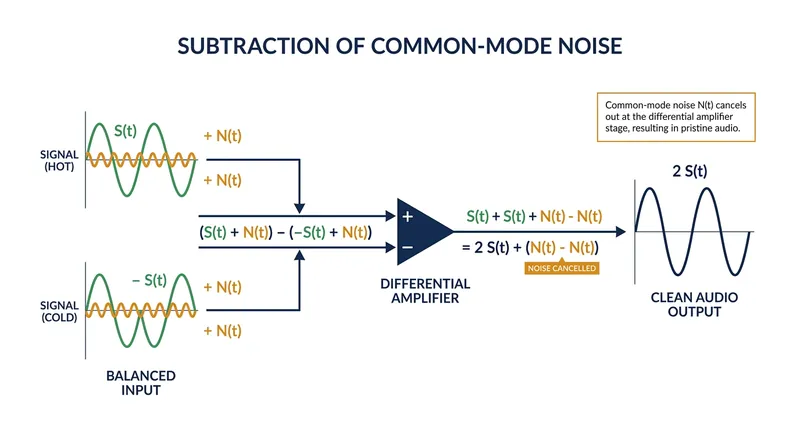 A differential receiver subtracts the cold leg from the hot leg, eliminating common-mode noise entirely.