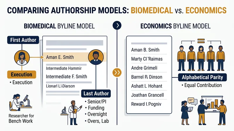 The biomedical model assigns credit by position, while the economics model divides credit equally among all authors.