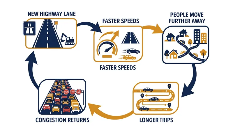 Time saved by new infrastructure is quickly consumed by longer trips to cheaper real estate.