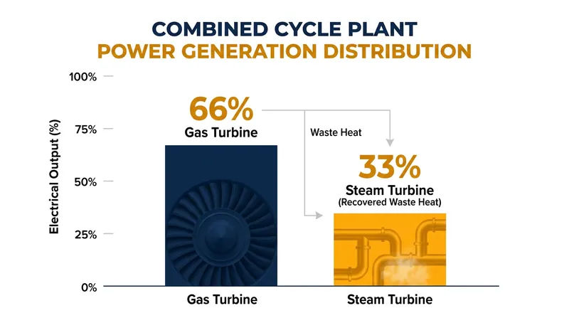 The secondary Rankine cycle typically contributes one-third of the facility's total electrical output without consuming additional fuel.