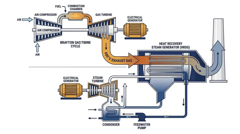 The heat recovery steam generator acts as a thermal bridge, boiling water using only the waste heat from the primary gas turbine.