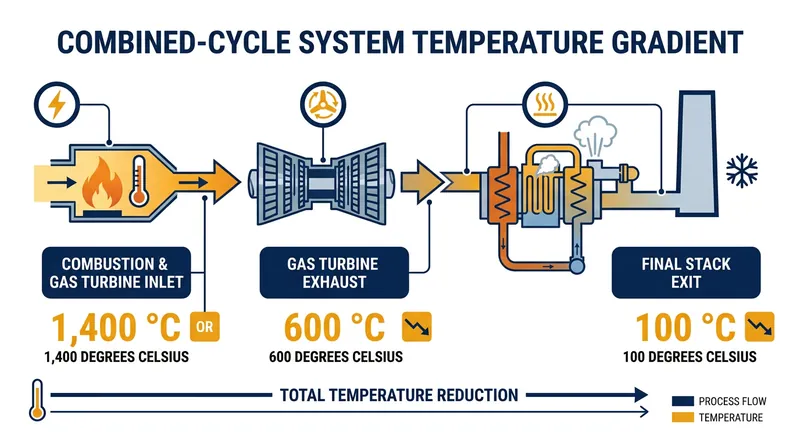 By the time the exhaust gas exits the facility's stack, the cascading cycles have stripped it of nearly all usable thermal energy.