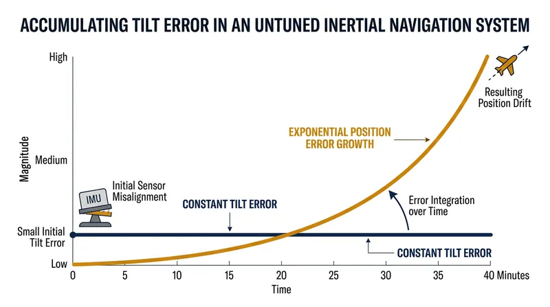 Without correction, a slight tilt error causes the calculated position to diverge exponentially.