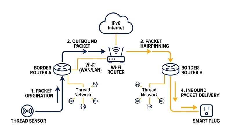 Without a shared mesh-local prefix, cross-ecosystem traffic must leave the Thread radio and route through the home's Wi-Fi network.