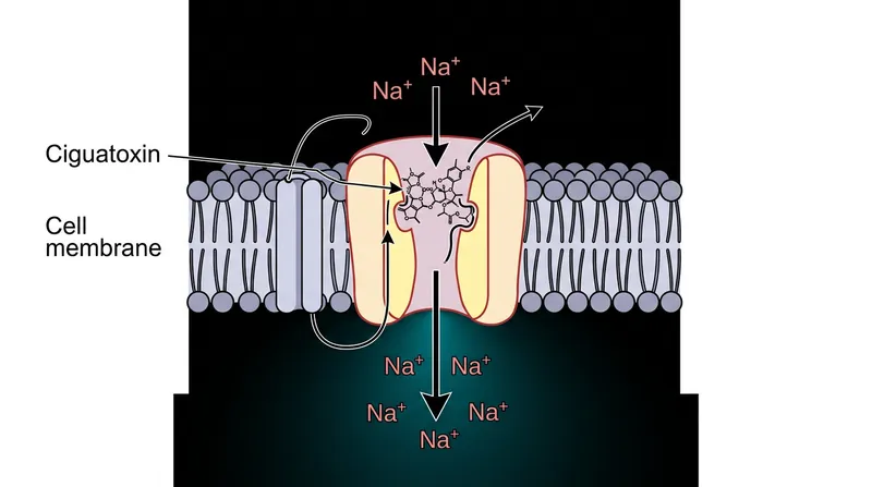 Ciguatoxins bind to sodium channels, locking them open and causing uncontrolled electrical firing in the nervous system.