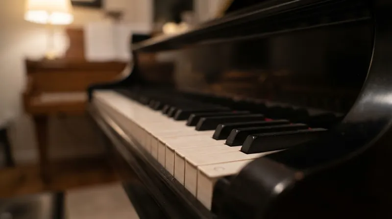 Close-up photograph of the highest white and black keys on the right side of a grand piano keyboard.