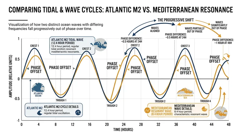The Mediterranean's 8.4-hour natural resonance falls out of phase with the Atlantic's 12.4-hour tidal rhythm, canceling out the tidal momentum.