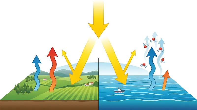 Oceans dissipate incoming heat through evaporation, while dry land must convert it directly into sensible heat.