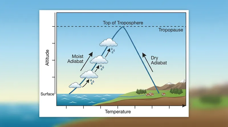 Because upper-atmosphere temperatures must equalize, the dry air over land forces the surface below it to warm faster.