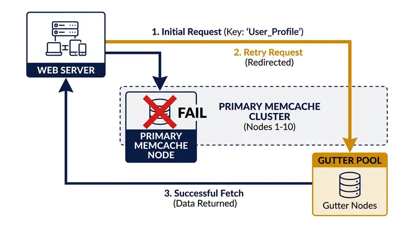 When a primary node fails, clients route retries to the isolated Gutter pool rather than rehashing to surviving nodes.