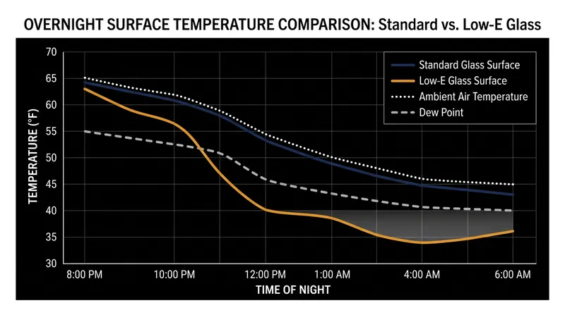 High-performance glazing drops significantly below the ambient air temperature on clear nights.