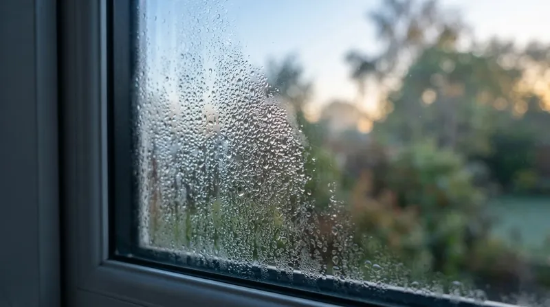Close-up of heavy morning dew beaded on the exterior surface of a modern residential window.