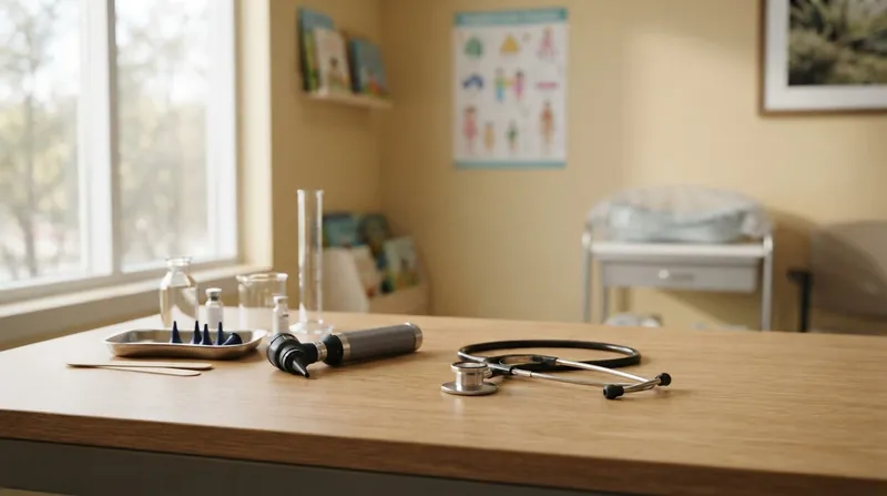 A pediatrician uses an otoscope to examine the ear of a calm toddler sitting on a parent's lap.