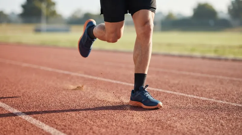 Close-up of a runner's lower legs and running shoes striking asphalt during a run.