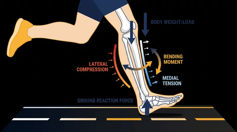 During the stance phase, the tibia acts as a loaded spring, bowing under the runner's weight and stretching the medial cortex.