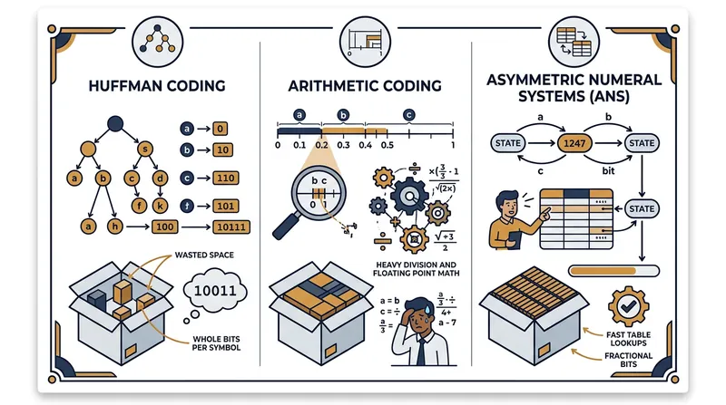 Asymmetric Numeral Systems bridge the gap between the speed of Huffman coding and the density of arithmetic coding.
