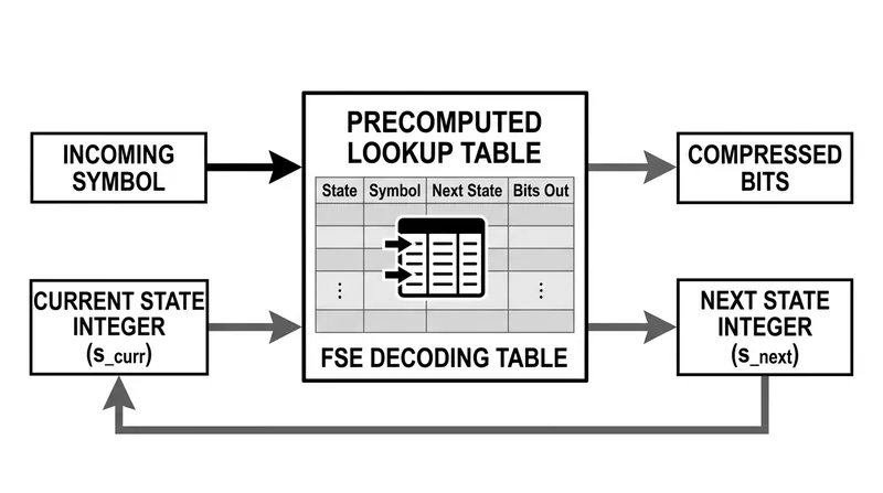 Finite State Entropy replaces complex on-the-fly math with a precomputed lookup table stored in the CPU's cache.