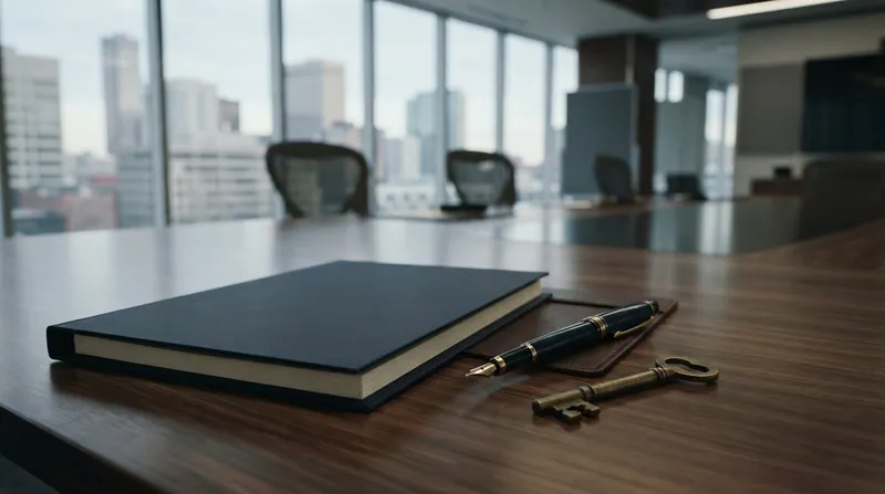 A fountain pen resting on a thick legal contract on a boardroom table next to an empty chair.