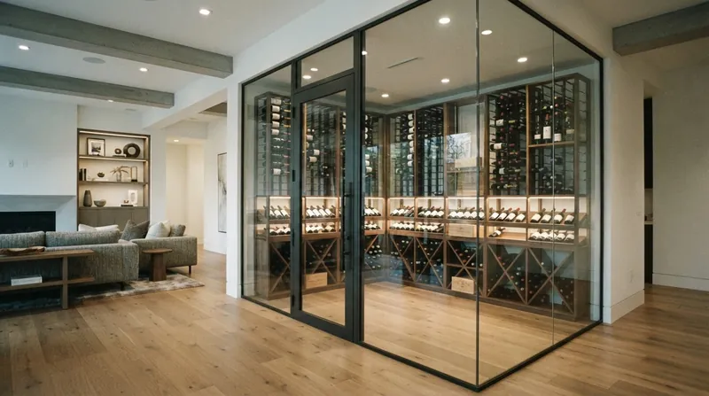 A modern glass-enclosed wine cellar with black metal racking built into a luxury living room.