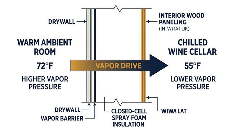 Because the cellar is permanently chilled, moisture from the ambient home exerts a continuous inward vapor pressure against the storage room.