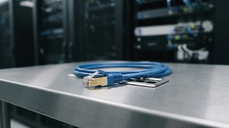 A bright yellow ethernet cable lies disconnected on top of a metal server rack.