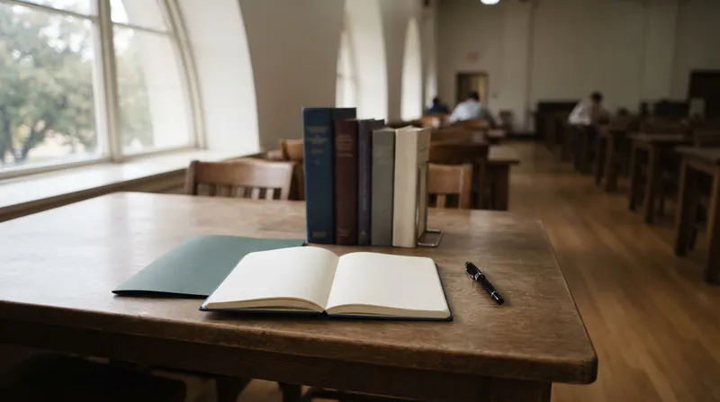 Stacks of application folders on a large wooden table in an admissions office.