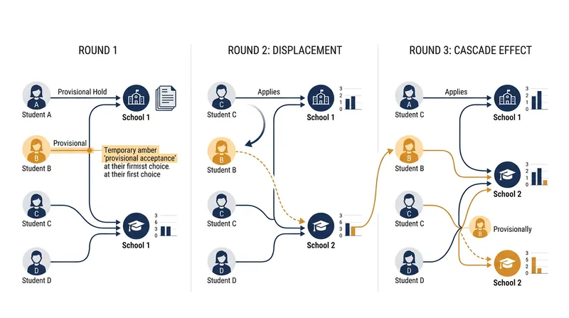 Provisional holds allow the algorithm to process rejections in cascading rounds without finalizing seats prematurely.