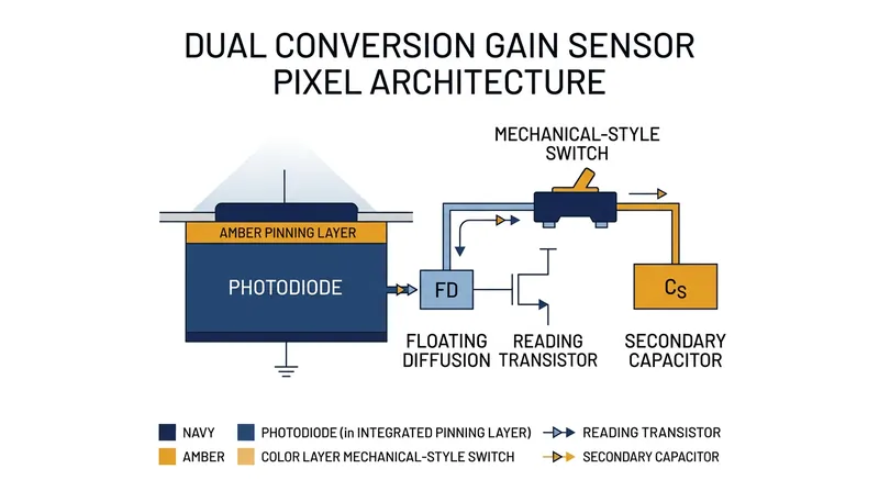 At low ISO settings, an extra capacitor is connected to maximize highlight capacity. At higher ISOs, the switch opens to boost voltage and reduce noise.