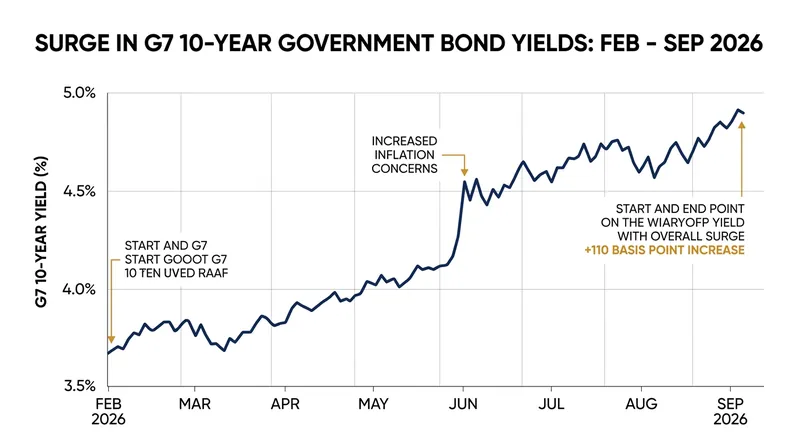 Average 10-year government bond yields across G7 nations climbed by more than 110 basis points between February and September 2026.