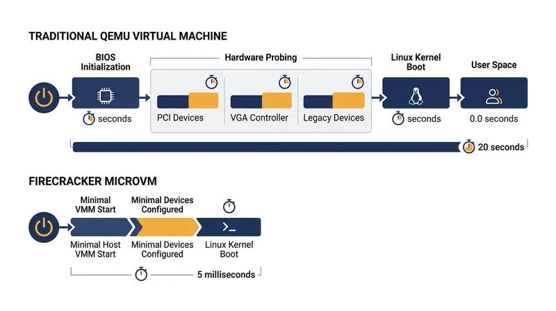 Bypassing legacy hardware initialization allows microVMs to execute the guest kernel almost instantly.