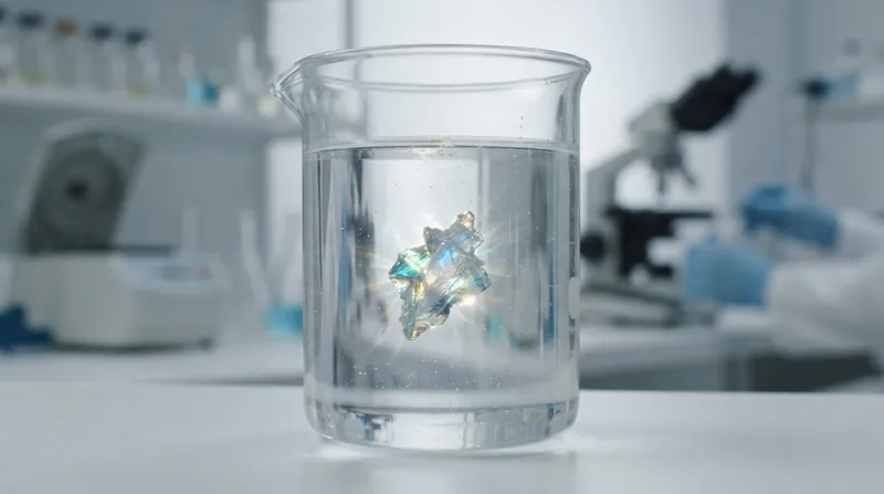 A microscopic view of a jagged plastic fragment suspended in water, surrounded by glowing chemical reactions.