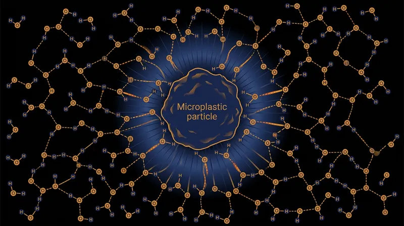 The physical boundary between water and highly hydrophobic plastics creates a localized electric field that strips electrons from hydroxide ions.