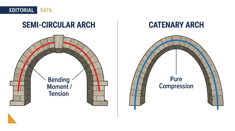 A catenary shape keeps the thrust line inside the middle third of the masonry, preventing tensile fractures.