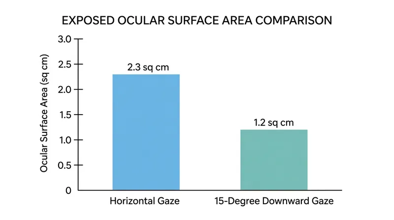 A slight downward angle allows the upper eyelid to cover nearly half of the exposed cornea.