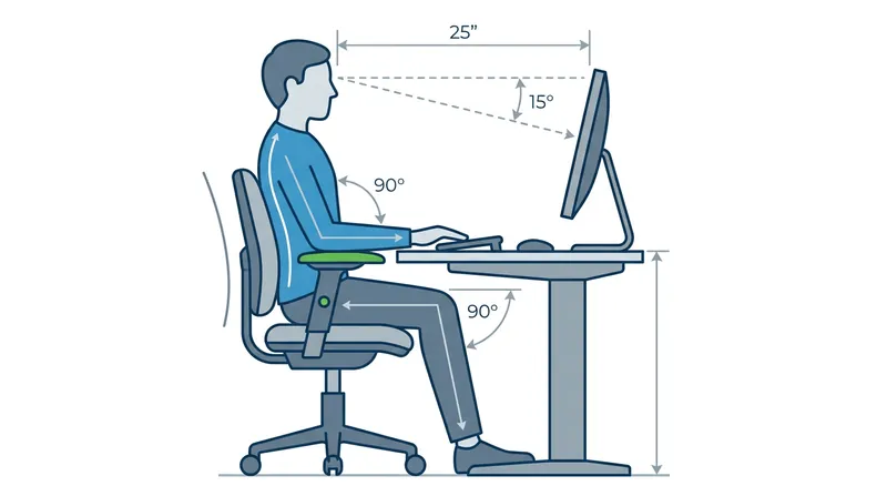 Proper monitor height works in tandem with chair height to establish a sustainable viewing angle.